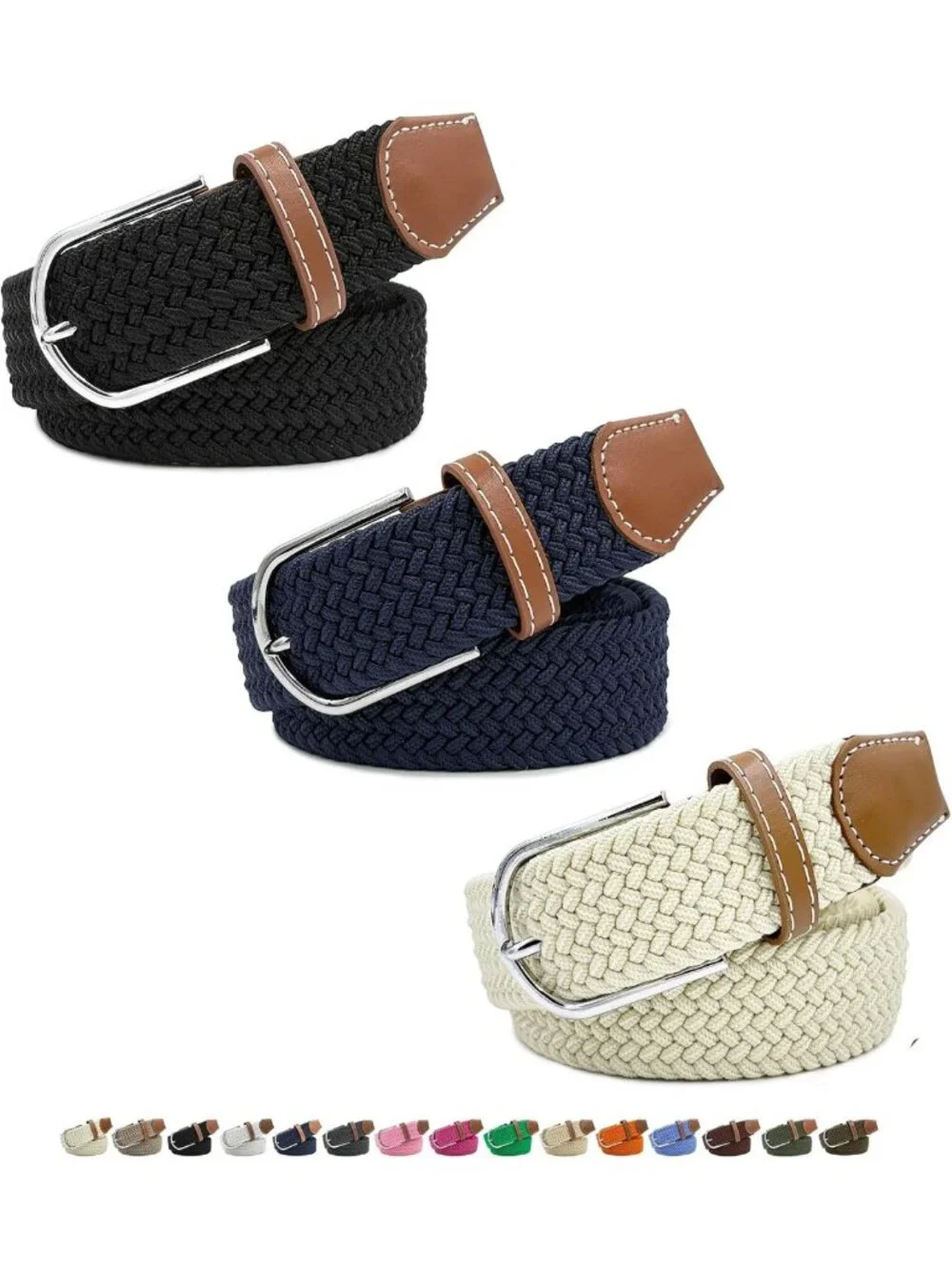 3-Pack No Holes Belts for Men & Women | Elastic Stretch Fabric for Jeans